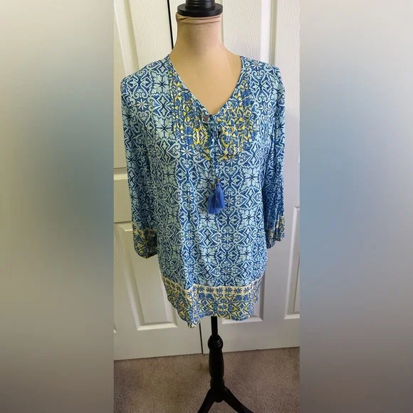 Ruby Rd. Blue and Yellow Patterned Blouse - Picture 1 of 5